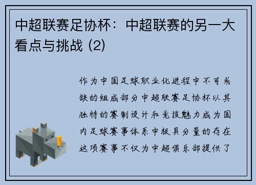 中超联赛足协杯：中超联赛的另一大看点与挑战 (2)