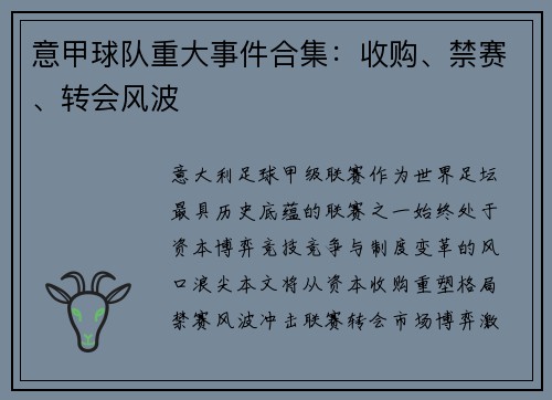 意甲球队重大事件合集：收购、禁赛、转会风波